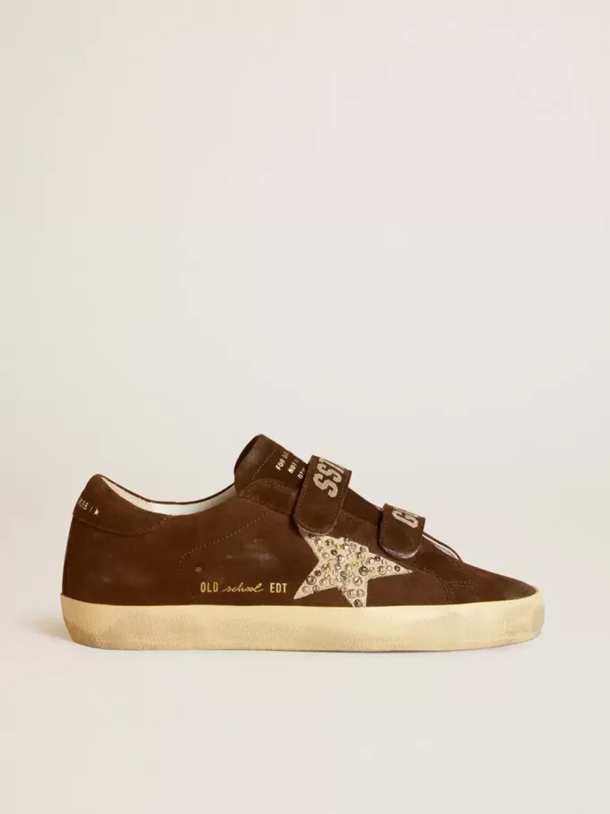 Adidași Old School pentru femei din piele de căprioară maro cu stea din piele de căprioară bej cu ținte și perle Adidași Old School pentru femei din piele de căprioară maro cu stea din piele de căprioară bej cu ținte și perle