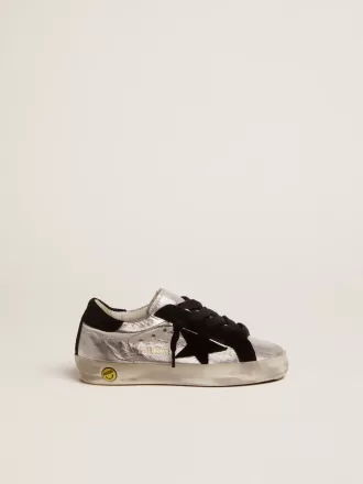 Adidași Super-Star din piele argintie cu inserții din piele întoarsă Adidași Super-Star din piele argintie cu inserții din piele întoarsă