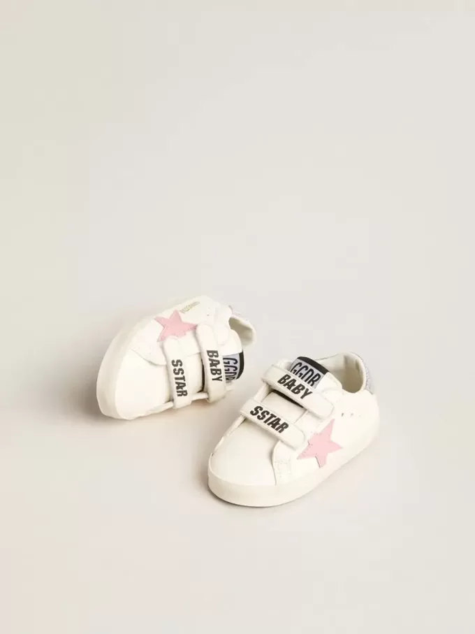 Baby Old School cu stea din piele roz și bandă din piele argintie pe călcâi Baby Old School cu stea din piele roz și bandă din piele argintie pe călcâi