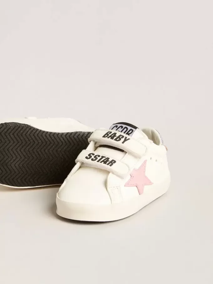 Baby Old School cu stea din piele roz și bandă din piele argintie pe călcâi Baby Old School cu stea din piele roz și bandă din piele argintie pe călcâi