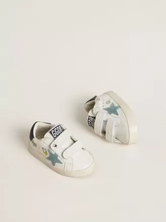 Baby School din piele nappa albă cu stea din piele de căprioară albastră deschisă și motiv tenis Baby School din piele nappa albă cu stea din piele de căprioară albastră deschisă și motiv tenis