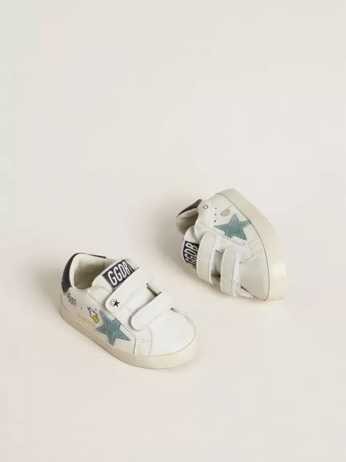 Baby School din piele nappa albă cu stea din piele de căprioară albastră deschisă și motiv tenis Baby School din piele nappa albă cu stea din piele de căprioară albastră deschisă și motiv tenis