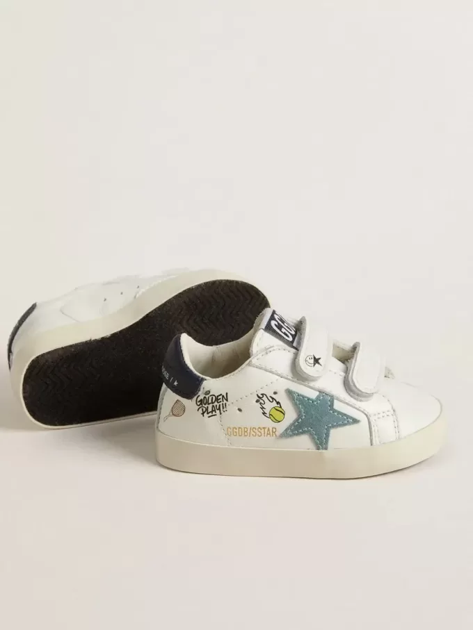 Baby School din piele nappa albă cu stea din piele de căprioară albastră deschisă și motiv tenis Baby School din piele nappa albă cu stea din piele de căprioară albastră deschisă și motiv tenis