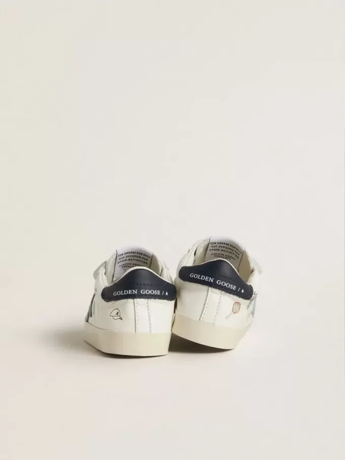 Baby School din piele nappa albă cu stea din piele de căprioară albastră deschisă și motiv tenis Baby School din piele nappa albă cu stea din piele de căprioară albastră deschisă și motiv tenis