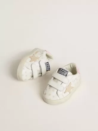Baby School din piele nappa cu motiv floral roz și stea din piele de căprioară bej Baby School din piele nappa cu motiv floral roz și stea din piele de căprioară bej