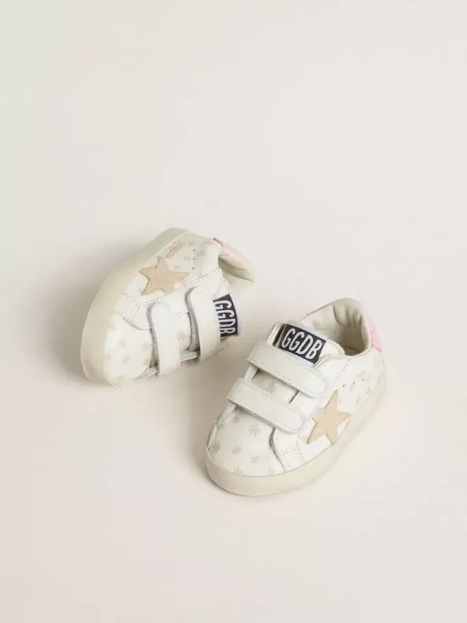 Baby School din piele nappa cu motiv floral roz și stea din piele de căprioară bej Baby School din piele nappa cu motiv floral roz și stea din piele de căprioară bej
