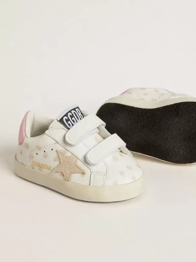 Baby School din piele nappa cu motiv floral roz și stea din piele de căprioară bej Baby School din piele nappa cu motiv floral roz și stea din piele de căprioară bej