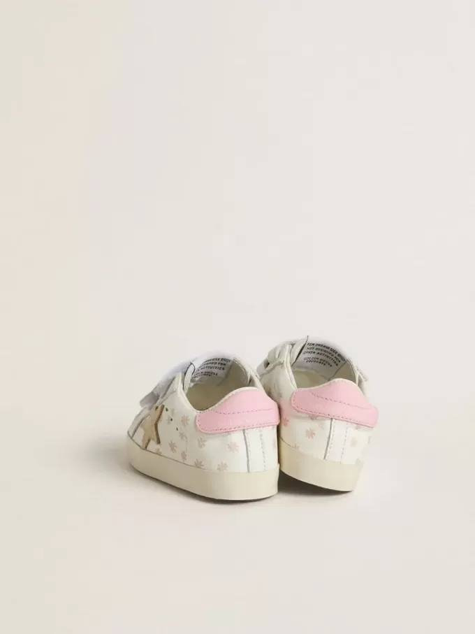 Baby School din piele nappa cu motiv floral roz și stea din piele de căprioară bej Baby School din piele nappa cu motiv floral roz și stea din piele de căprioară bej