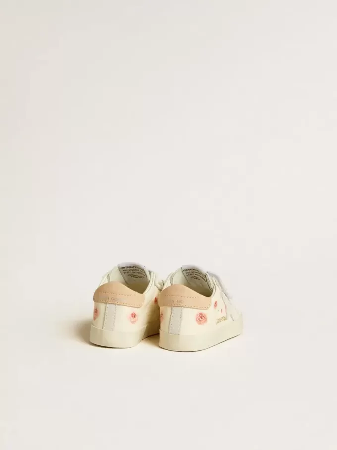 Baby School din piele nappa cu motiv roz și stea din piele de căprioară albă Baby School din piele nappa cu motiv roz și stea din piele de căprioară albă