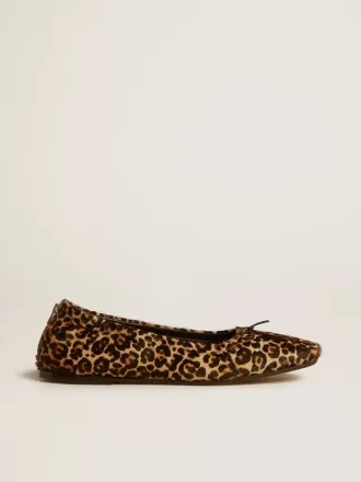 Balerini Amy din piele de ponei bej cu imprimeu leopard
