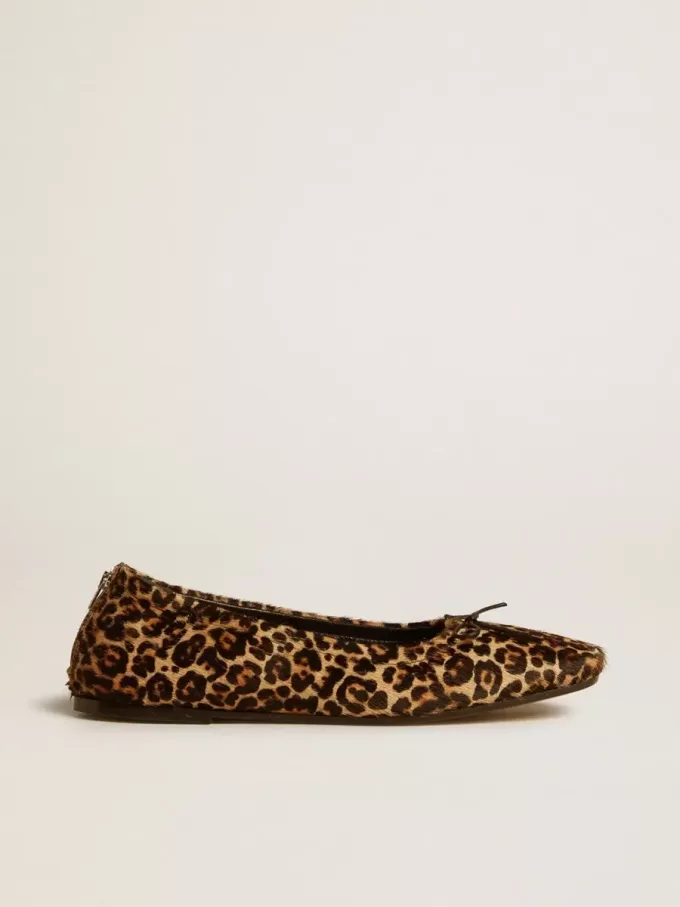 Balerini Amy din piele de ponei bej cu imprimeu leopard