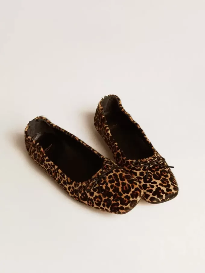 Balerini Amy din piele de ponei bej cu imprimeu leopard