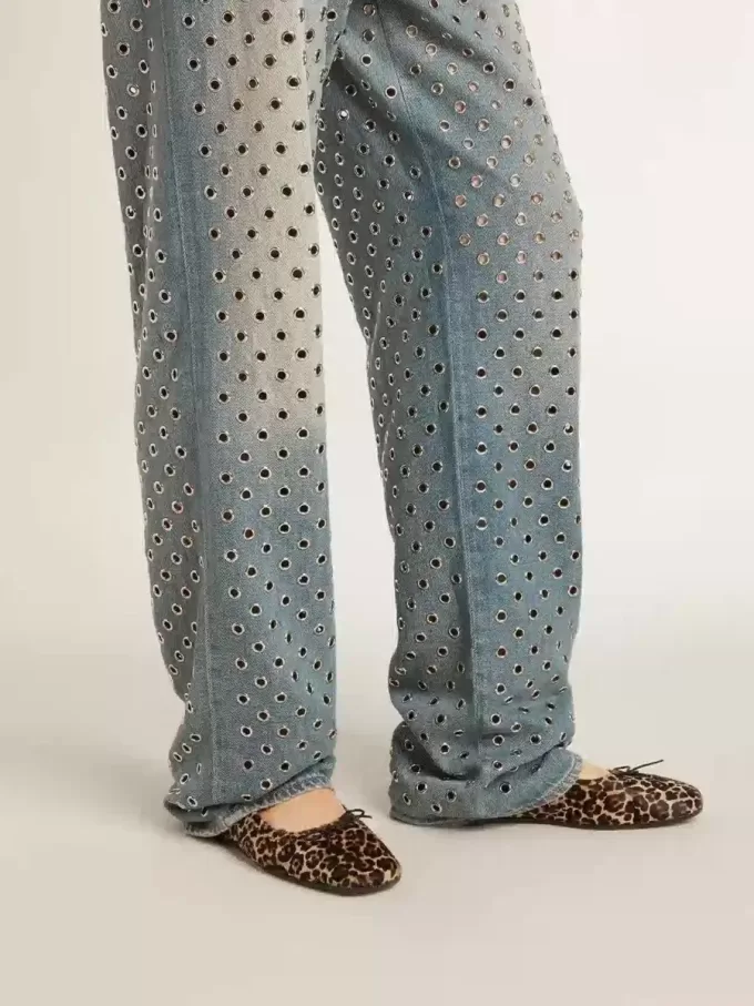 Balerini Amy din piele de ponei bej cu imprimeu leopard