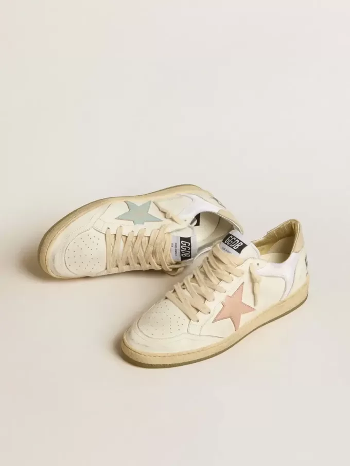 Ball Star din nailon și piele, cu stea roz și albastru deschis și talpă bej Ball Star din nailon și piele, cu stea roz și albastru deschis și talpă bej