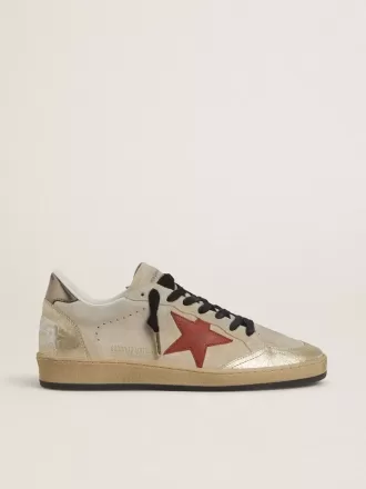 Ball Star din piele de căprioară bej cu stea din piele roșie și călcâi din piele metalizată bronz Ball Star din piele de căprioară bej cu stea din piele roșie și călcâi din piele metalizată bronz