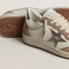 Ball Star LTD din piele nappa albă și piele de căprioară roz vechi, cu stea din piele argintie metalică și bandă pe călcâi