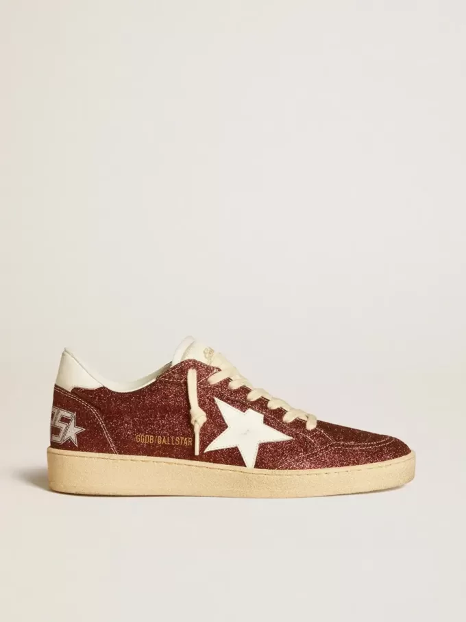 Ball Star în culoarea burgundy glitter, cu stea din piele albă și bandă pe călcâi Ball Star în culoarea burgundy glitter, cu stea din piele albă și bandă pe călcâi