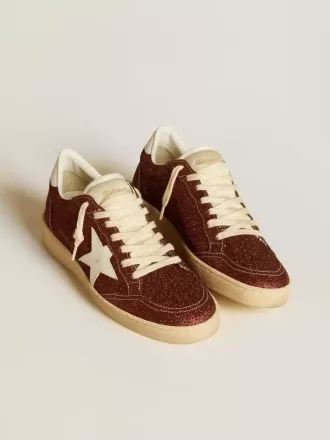 Ball Star în culoarea burgundy glitter, cu stea din piele albă și bandă pe călcâi Ball Star în culoarea burgundy glitter, cu stea din piele albă și bandă pe călcâi
