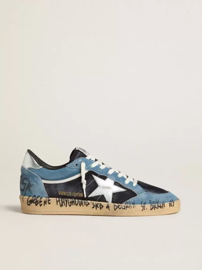 Ball Star pentru bărbați, din piele de căprioară albastră, cu stea și călcâi din piele argintie Ball Star pentru bărbați, din piele de căprioară albastră, cu stea și călcâi din piele argintie