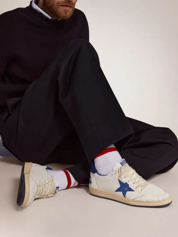 Ball Star pentru bărbați din piele nappa albă cu stea albastră și bandă pe călcâi Ball Star pentru bărbați din piele nappa albă cu stea albastră și bandă pe călcâi