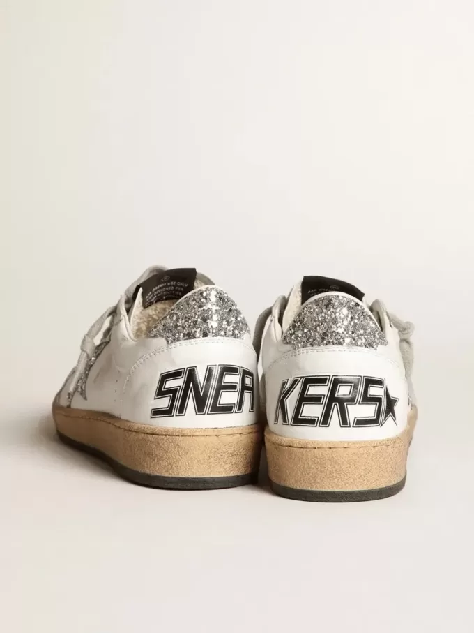 Ball Star pentru femei din piele nappa cu stea albă și talpă cu glitter Ball Star pentru femei din piele nappa cu stea albă și talpă cu glitter