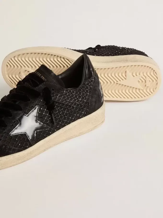 Ball Star pentru femei din plasă cu cristale Swarovski și stea din piele laminată neagră și bandă pe călcâi Ball Star pentru femei din plasă cu cristale Swarovski și stea din piele laminată neagră și bandă pe călcâi