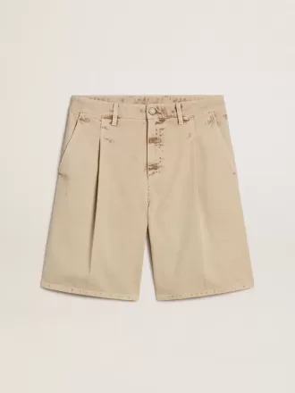 Bermude pentru bărbați din denim bej, cu finisaj uzat Bermude pentru bărbați din denim bej, cu finisaj uzat