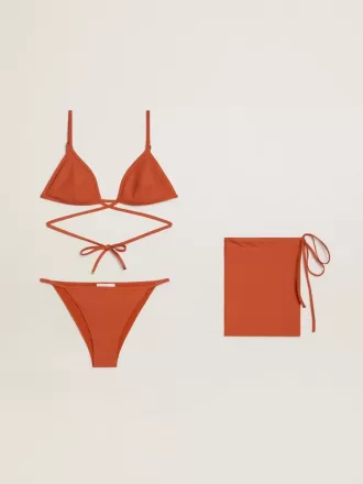 Bikini pentru femei din tricot cu nervuri, de culoare roșu cărămiziu, cu șireturi și detalii aurii