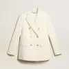 Blazer alb învechit cu două rânduri de nasturi pentru femei Blazer alb învechit cu două rânduri de nasturi pentru femei