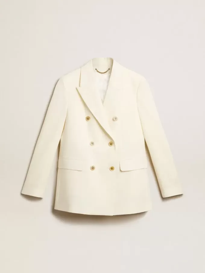 Blazer alb învechit cu două rânduri de nasturi pentru femei Blazer alb învechit cu două rânduri de nasturi pentru femei