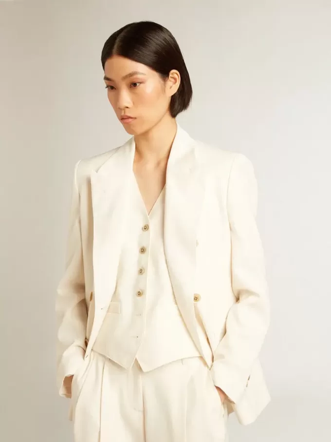 Blazer alb învechit cu două rânduri de nasturi pentru femei Blazer alb învechit cu două rânduri de nasturi pentru femei