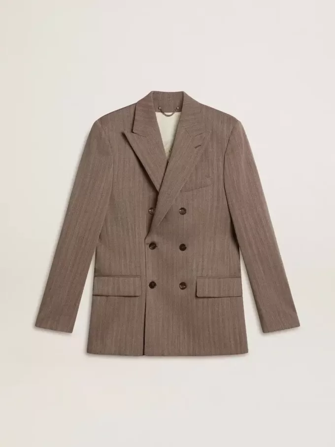 Blazer bărbătesc bej din amestec de lână, cu două rânduri de nasturi Blazer bărbătesc bej din amestec de lână, cu două rânduri de nasturi