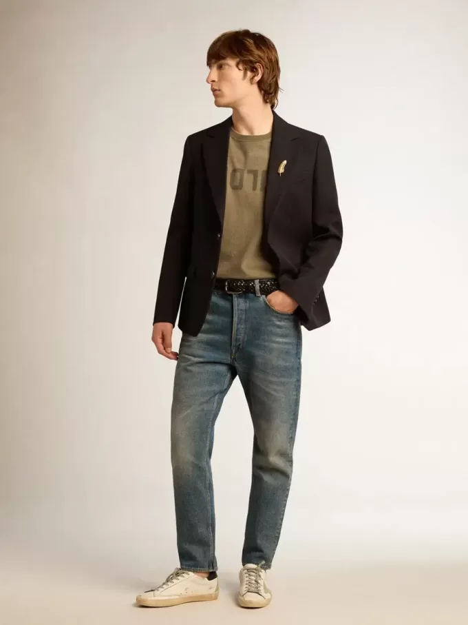 Blazer bărbătesc cu un singur rând de nasturi, din gabardină de lână albastru închis Blazer bărbătesc cu un singur rând de nasturi, din gabardină de lână albastru închis