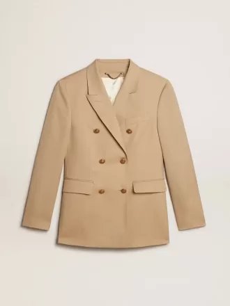 Blazer cu două rânduri de nasturi pentru femei, de culoare nisipiu, cu nasturi heraldici aurii