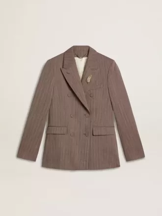Blazer cu două rânduri de nasturi pentru femei, din amestec de lână bej cu model chevron