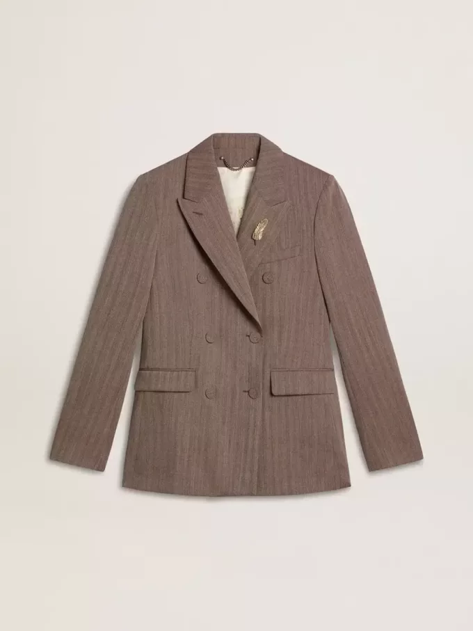 Blazer cu două rânduri de nasturi pentru femei, din amestec de lână bej cu model chevron Blazer cu două rânduri de nasturi pentru femei, din amestec de lână bej cu model chevron