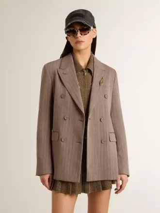 Blazer cu două rânduri de nasturi pentru femei, din amestec de lână bej cu model chevron