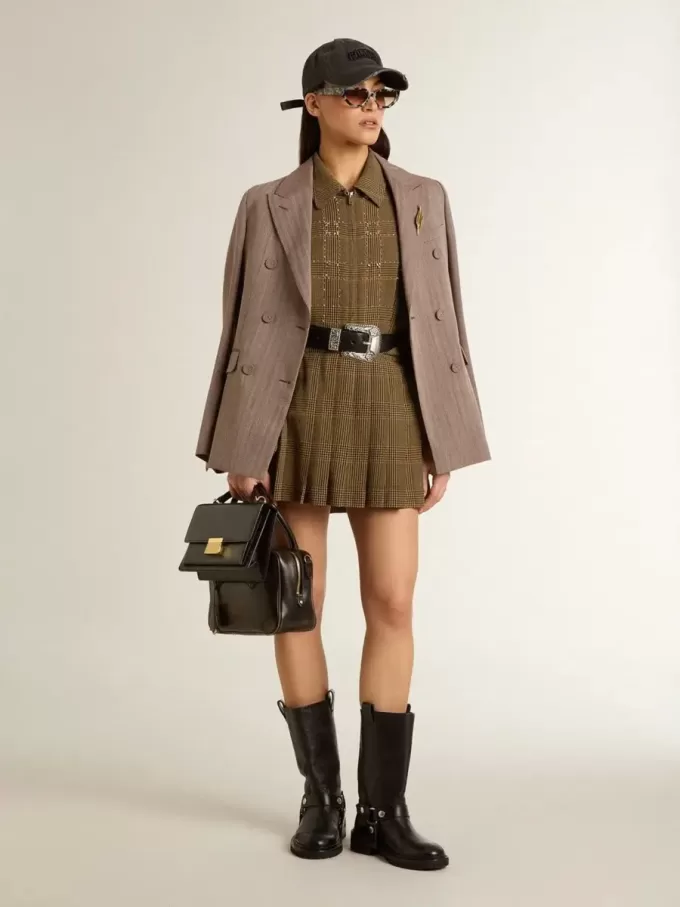 Blazer cu două rânduri de nasturi pentru femei, din amestec de lână bej cu model chevron Blazer cu două rânduri de nasturi pentru femei, din amestec de lână bej cu model chevron