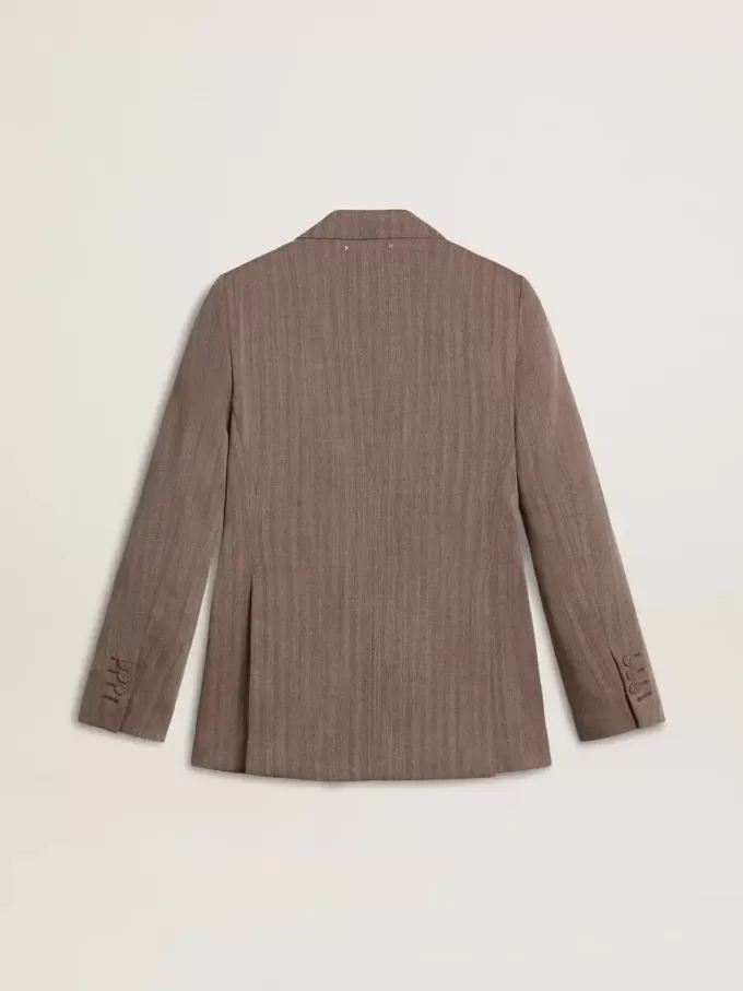 Blazer cu două rânduri de nasturi pentru femei, din amestec de lână bej cu model chevron Blazer cu două rânduri de nasturi pentru femei, din amestec de lână bej cu model chevron