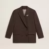 Blazer cu două rânduri de nasturi pentru femei, din lână maro închis, cu model cu dungi subțiri Blazer cu două rânduri de nasturi pentru femei, din lână maro închis, cu model cu dungi subțiri