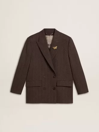 Blazer cu două rânduri de nasturi pentru femei, din lână maro închis, cu model cu dungi subțiri