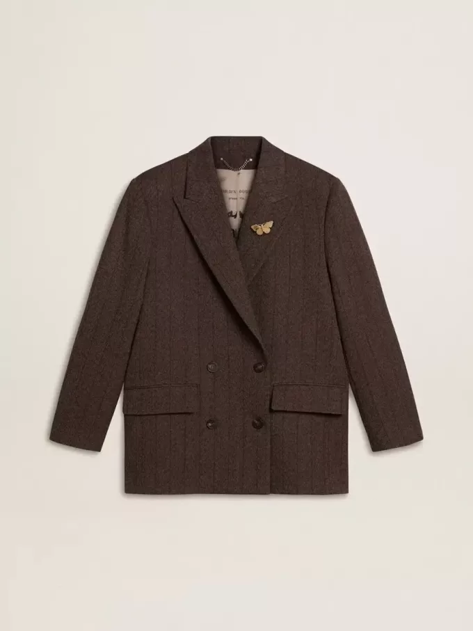 Blazer cu două rânduri de nasturi pentru femei, din lână maro închis, cu model cu dungi subțiri Blazer cu două rânduri de nasturi pentru femei, din lână maro închis, cu model cu dungi subțiri