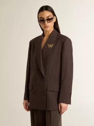 Blazer cu două rânduri de nasturi pentru femei, din lână maro închis, cu model cu dungi subțiri
