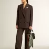 Blazer cu două rânduri de nasturi pentru femei, din lână maro închis, cu model cu dungi subțiri Blazer cu două rânduri de nasturi pentru femei, din lână maro închis, cu model cu dungi subțiri