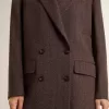 Blazer cu două rânduri de nasturi pentru femei, din lână maro închis, cu model cu dungi subțiri Blazer cu două rânduri de nasturi pentru femei, din lână maro închis, cu model cu dungi subțiri