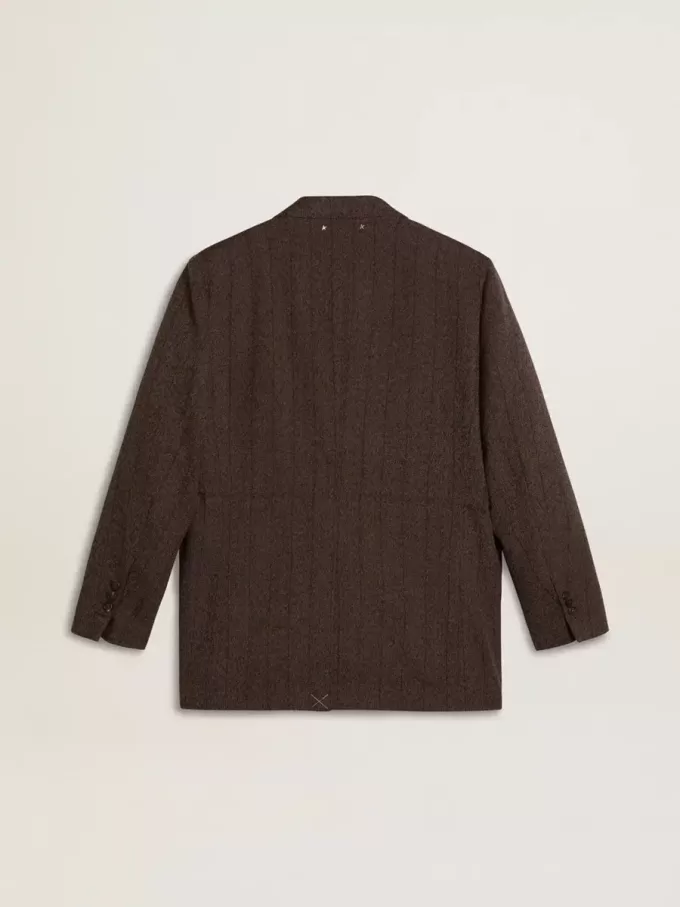 Blazer cu două rânduri de nasturi pentru femei, din lână maro închis, cu model cu dungi subțiri Blazer cu două rânduri de nasturi pentru femei, din lână maro închis, cu model cu dungi subțiri