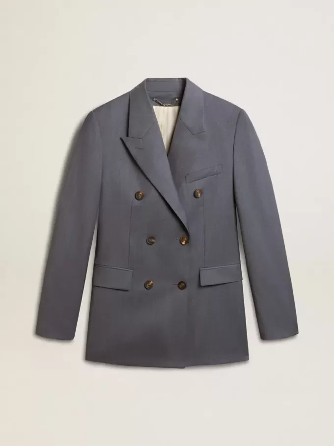Blazer cu două rânduri de nasturi pentru femei, în culoarea albastru deschis Blazer cu două rânduri de nasturi pentru femei, în culoarea albastru deschis