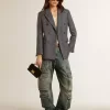 Blazer cu două rânduri de nasturi pentru femei, în culoarea albastru deschis Blazer cu două rânduri de nasturi pentru femei, în culoarea albastru deschis