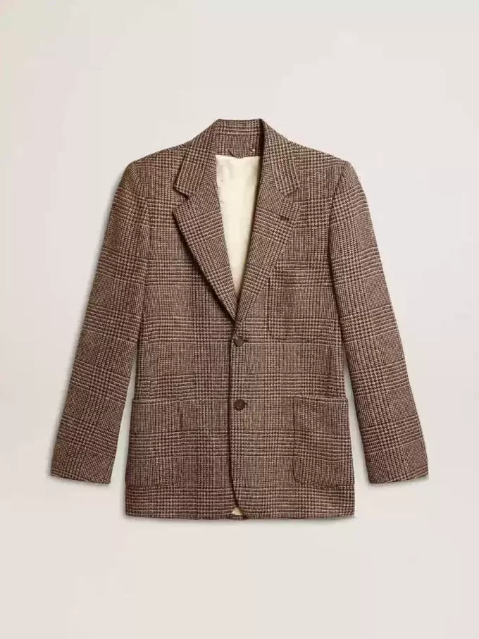 Blazer gri cu un singur rând de nasturi pentru bărbați, din lână cu model houndstooth Blazer gri cu un singur rând de nasturi pentru bărbați, din lână cu model houndstooth