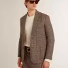 Blazer gri cu un singur rând de nasturi pentru bărbați, din lână cu model houndstooth Blazer gri cu un singur rând de nasturi pentru bărbați, din lână cu model houndstooth